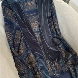 Saldarini 1882 Oversized Blue & Brown Pattern 100% Wool Shawl Wrap w/Velvet Trim